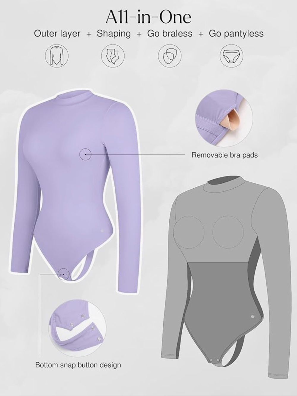 Popilush tummy control seamless shaper long sleeve turtleneck thong bodysuit - Picture 4 of 10